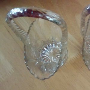 Set of 2 Matching Glass Baskets with Handles and Flower Etchings